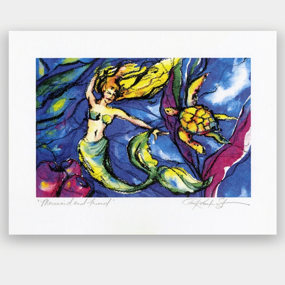Original print of watercolor painting by Kathy Morton Stanion - Mermaid & Friend